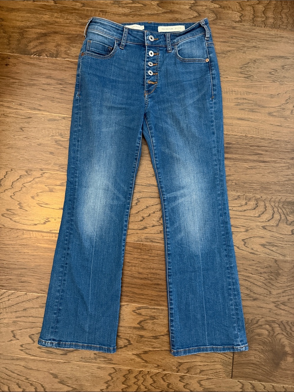 Pilcro Anthropologie High-Rise Flare Crop Button Fly Jeans Blue EUC Size 27